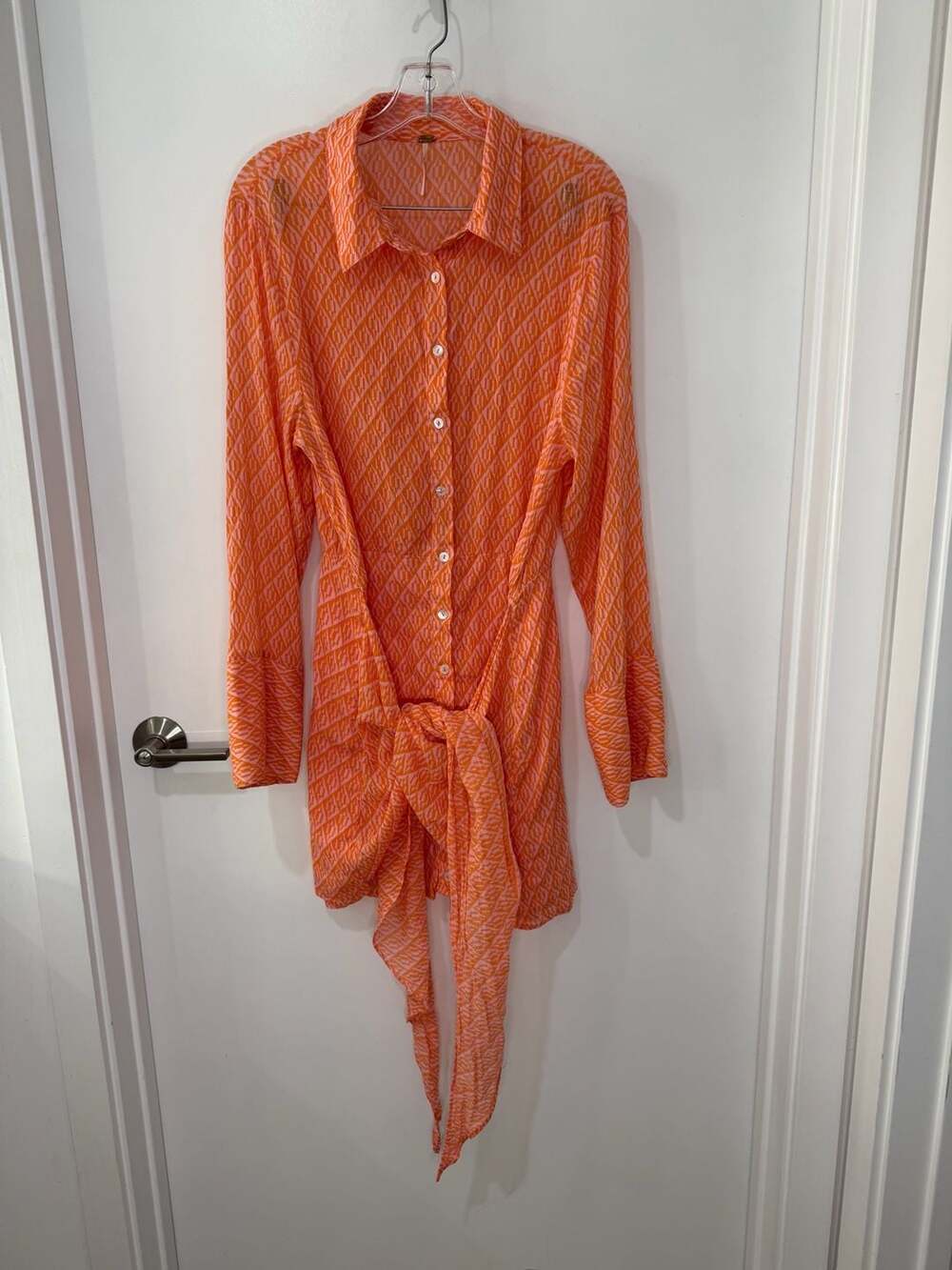 Free People Rillo Orange Geometric Print Long Sleeve Tie-Waist Shirt Dress